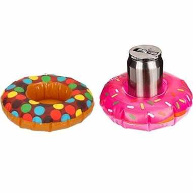 2x opblaasbare drankhouders 18 cm donuts bruin/roze
