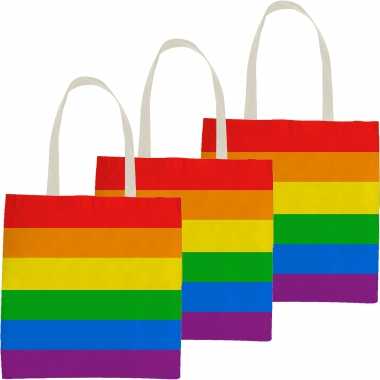 5x katoenen/canvas boodschappentasje/shopper regenboog/rainbow/pride vlag voor volwassenen en kids