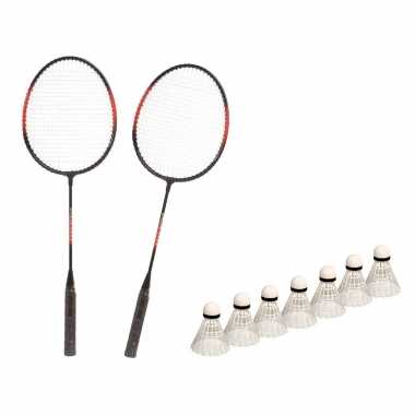 Badminton set rood/zwart met 7x shuttles en opbergtas
