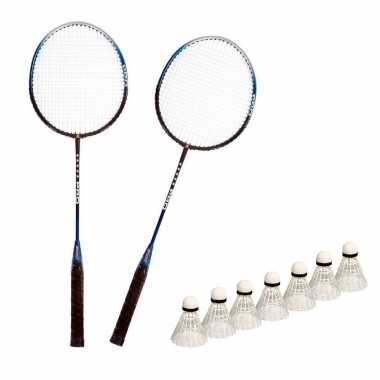 Badminton set zilver/blauw met 7x shuttles en opbergtas