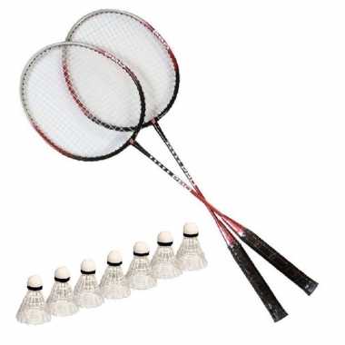 Badminton set zilver/rood met 7x shuttles en opbergtas