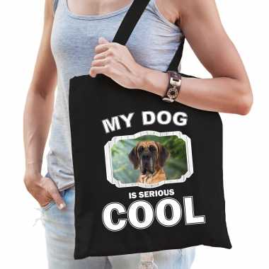 Deense dog honden tasje zwart volwassenen en kinderen - my dog serious is cool kado boodschappentasj