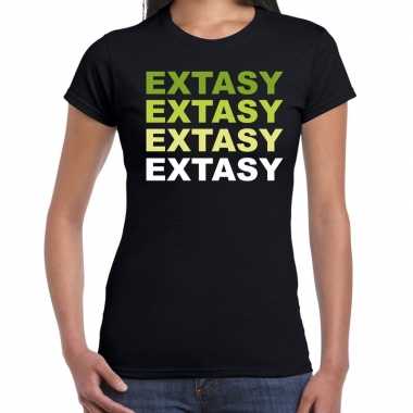 Extasy drugs fun t-shirt zwart met groene bedrukking dames