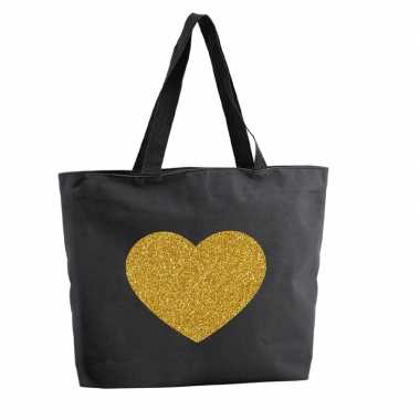 Gouden hart glitter shopper tas zwart 47 cm