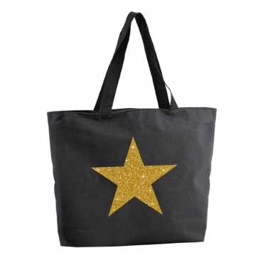 Gouden ster glitter shopper tas zwart 47 cm