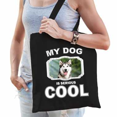 Husky honden tasje zwart volwassenen en kinderen - my dog serious is cool kado boodschappentasje