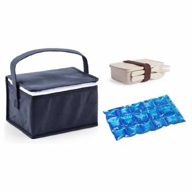 Kleine koeltas voor lunch blauw met lunchbox met bestek en flexibel koelelement 3.5 liter
