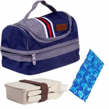 Kleine koeltas voor lunch blauw met lunchbox met bestek en flexibel koelelement 5.4 liter