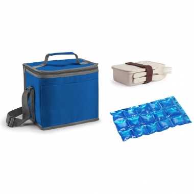 Kleine koeltas voor lunch blauw met lunchbox met bestek en flexibel koelelement 9 liter