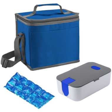 Kleine koeltas voor lunch blauw met lunchtrommel en flexibel koelelement 9 liter