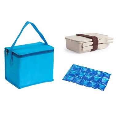 Kleine koeltas voor lunch lichtblauw met lunchbox met bestek en flexibel koelelement 4.5 l