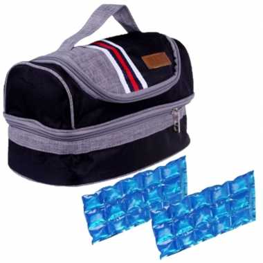 Kleine koeltas voor lunch zwart met 2 stuks flexibele koelelementen 5.4 liter