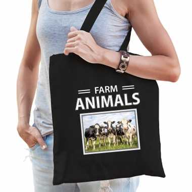 Koe tasje zwart volwassenen en kinderen - farm animals kado boodschappen tas