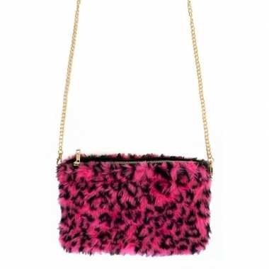 Pluche handtas roze panterprint nepbont