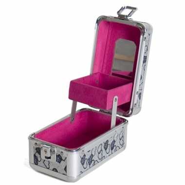 Roze mini make up opbergkoffer met hartjes 9 x 16 x 14 cm