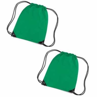 Set van 10x stuks grasgroene gymtas/ gymtasjes met rijgkoord 45 x 34 cm