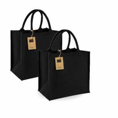Set van 2x stuks jute boodschappentassen/shoppers 30 x 30 x 19 cm in het zwart