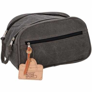 Toilettas/make-up tas grijs canvas 12 x 27 x 16 cm voor dames/heren