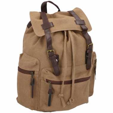 Vintage canvas rugzak/rugtas bruin met riempjes
