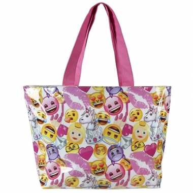 Wit/roze emoji/smiley strandtas/zwemtas voor meisjes 48 cm