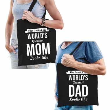 Worlds greatest mom en dad tasje - cadeau tassen set voor papa en mama