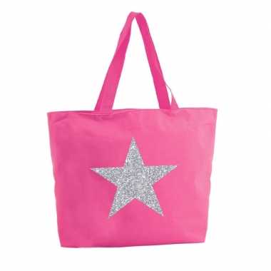 Zilveren ster glitter shopper tas fuchsia roze 47 cm