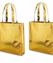 2x gelamineerde boodschappentassen shoppers goud 34 x 35 cm