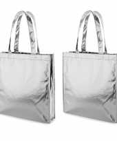 2x gelamineerde boodschappentassen shoppers zilver 34 x 35 cm