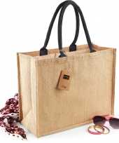 2x stuks jute boodschappentassen shoppers naturel zwart 42 x 33 x 19 cm