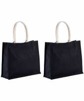 2x stuks jute zwarte boodschappentassen strandtassen 42 cm