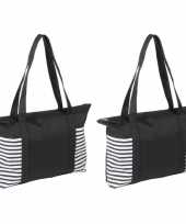 2x stuks strandtas shopper zwart wit met streepmotief 44 cm