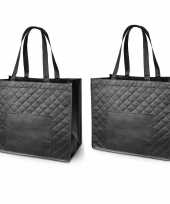 3x gelamineerde boodschappentassen shoppers zwart met voorvak 38 x 33 cm