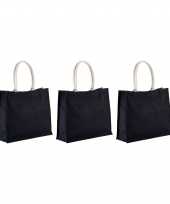 3x stuks jute zwarte boodschappentassen strandtassen 42 cm