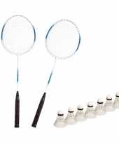Badminton set blauw wit met 7x shuttles en opbergtas