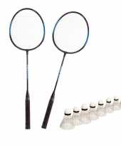 Badminton set blauw zwart met 8x shuttles en opbergtas