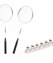 Badminton set rood wit met 7x shuttles en opbergtas