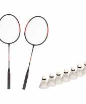 Badminton set rood zwart met 7x shuttles en opbergtas