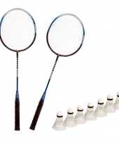 Badminton set zilver blauw met 7x shuttles en opbergtas