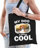Beagle honden tasje zwart volwassenen en kinderen my dog serious is cool kado boodschappentasje