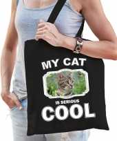 Bruine kat katten tasje zwart volwassenen en kinderen my cat serious is cool kado boodschappentasj