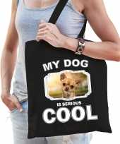 Chihuahua honden tasje zwart volwassenen en kinderen my dog serious is cool kado boodschappentasje 10246576