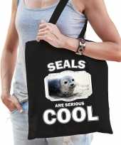 Dieren grijze zeehond tasje zwart volwassenen en kinderen seals are cool cadeau boodschappentasje