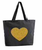 Gouden hart glitter shopper tas zwart 47 cm