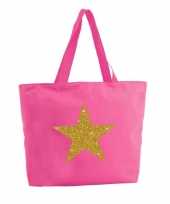 Gouden ster glitter shopper tas fuchsia roze 47 cm