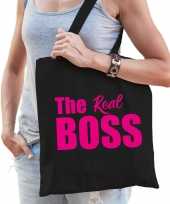 Katoenen tas shopper zwart the real boss roze letters dames