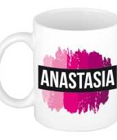 Naam cadeau mok beker anastasia met roze verfstrepen 300 ml