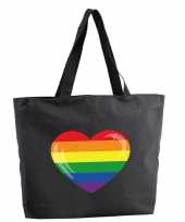 Regenboog hart shopper tas zwart 47 cm