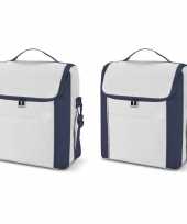 Set van 2x koeltassen blauw wit met voorvak en schouderriem 12 liter 34 cm