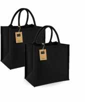 Set van 2x stuks jute boodschappentassen shoppers 30 x 30 x 19 cm in het zwart