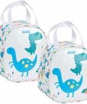 Set van 2x stuks kleine koeltassen voor lunch wit met dinosaurus print 19 x 14 x 22 cm 5 liter